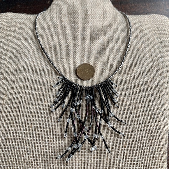 Waterfall Hematite Seed Bead & Crystal Swag/Fringe Choker Necklace - Goth Choker - Picture 1 of 7